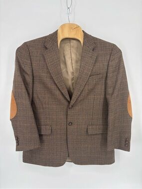 Meeting Street Mens 42R Lambswool Plaid Blazer Sports Coat Suede Elbow Patches